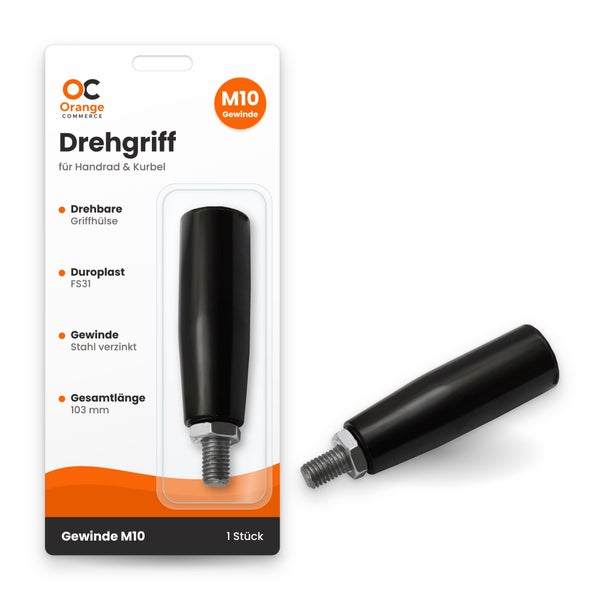 Orange Commerce Drehgriff mit M10 Gewinde aus Duroplast FS31 und verzinktem Stahl, Gesamtlänge 103 Millimeter.