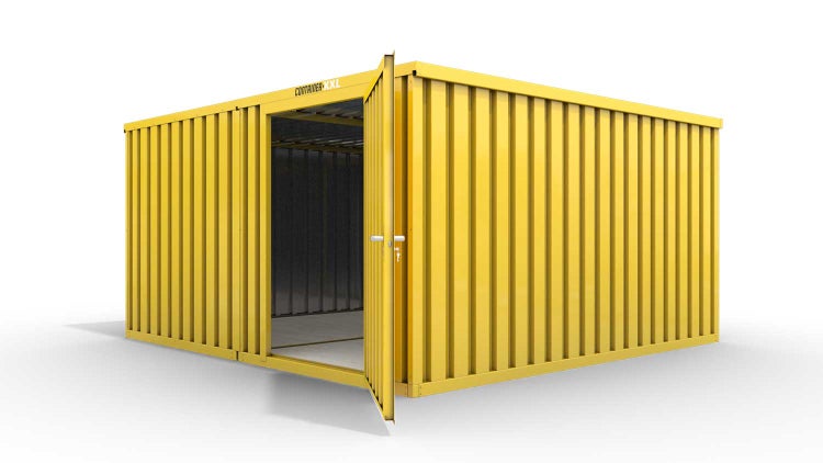 Lagercontainer Gerätehaus L2  – 16 qm, H2150 x B4050 x T4340 mm, Außenwandlackierung RAL 1003 signalgelb, Dach außen verzinkt, mit Holzfußboden, 1270 mm Einflügeltür mittig in Modul D, montiert