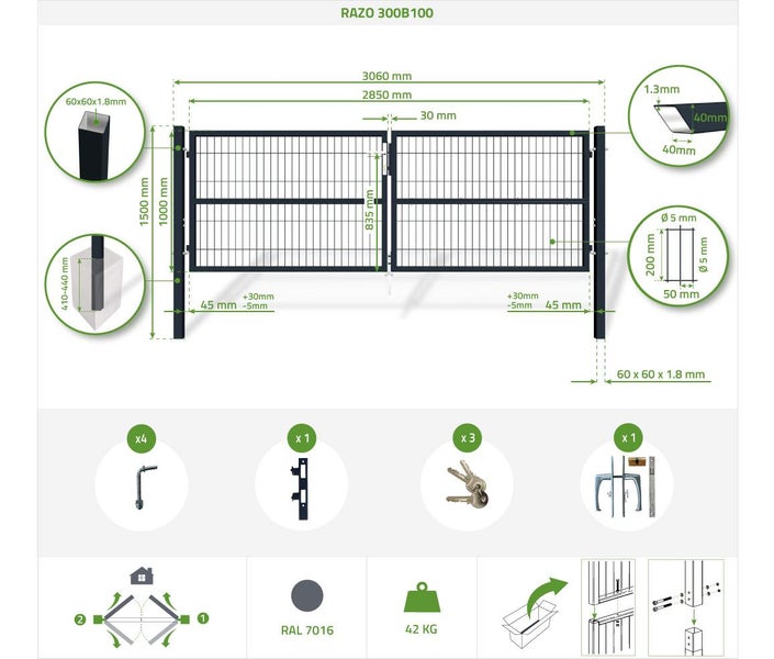 Technische Zeichnung eines Gartentors mit Maßangaben und Details zu Zubehör wie Griffen, Schlüsseln und Montageanleitung