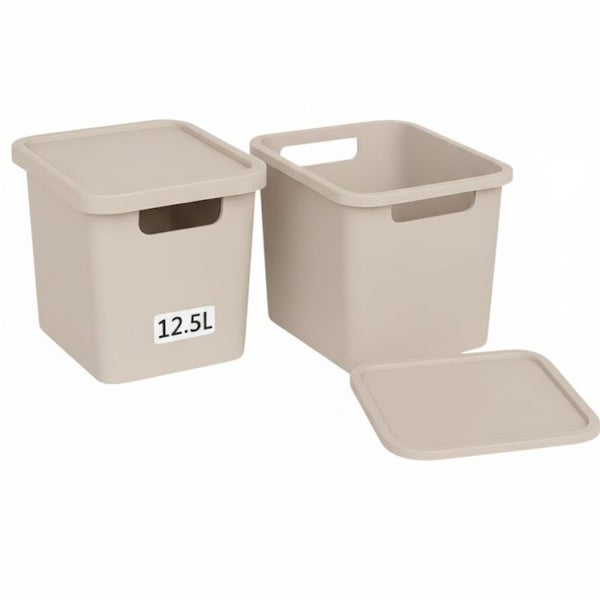 Zwei Aufbewahrungsboxen aus Kunststoff, eine mit Deckel und eine ohne, Fassungsvermögen 12,5 Liter