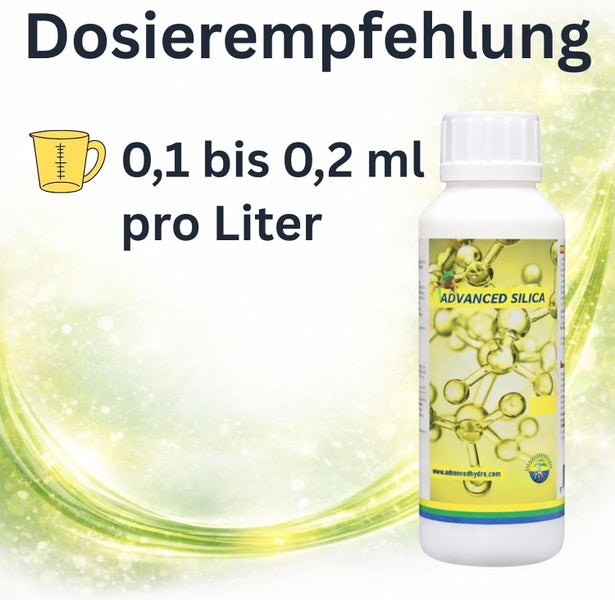 Dosierempfehlung für Advanced Silica: 0,1 bis 0,2 Milliliter pro Liter. Abbildung der Produktflasche und eines Symbols für die Dosierung.