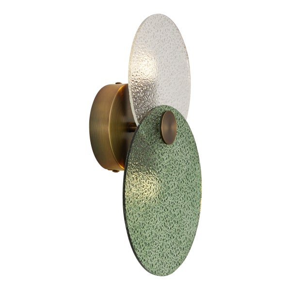 Wandleuchte mit zwei runden Glasplatten in unterschiedlichen Texturen und Halterung aus Metall