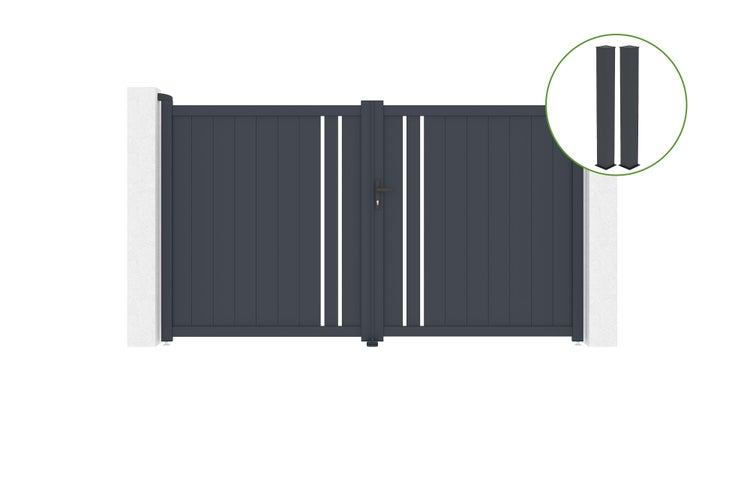 Flügeltor 3m GIONA H.180 graues Aluminium + 2 Pfosten 20x20cm H.190cm