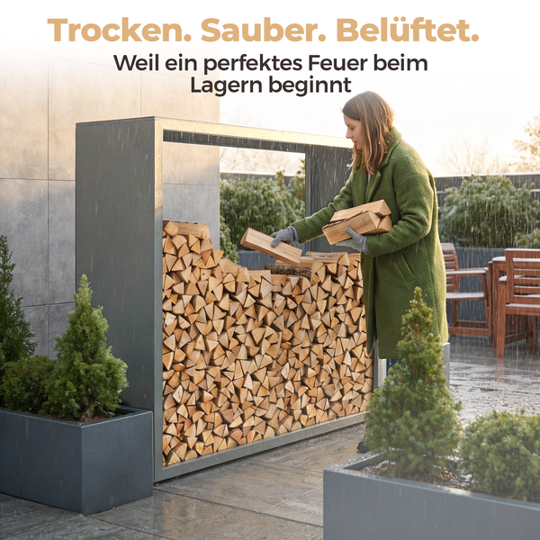 Modernes Kaminholzregal aus Metall auf einer Terrasse bei Regen. Eine Person stapelt Brennholz. Text: Trocken. Sauber. Belüftet.