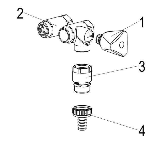 Explosionszeichnung einer Armatur mit nummerierten Einzelteilen wie Griff, Ventilgehäuse, Adapter und Schlauchanschluss.