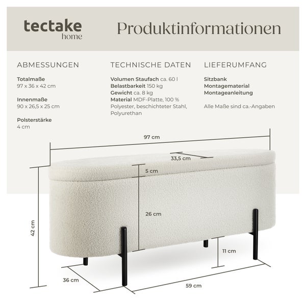 Sitzbank tectake Lanja 97 x 36 x 42 cm mit Bouclé-Stoff Bouclé creme-weiß