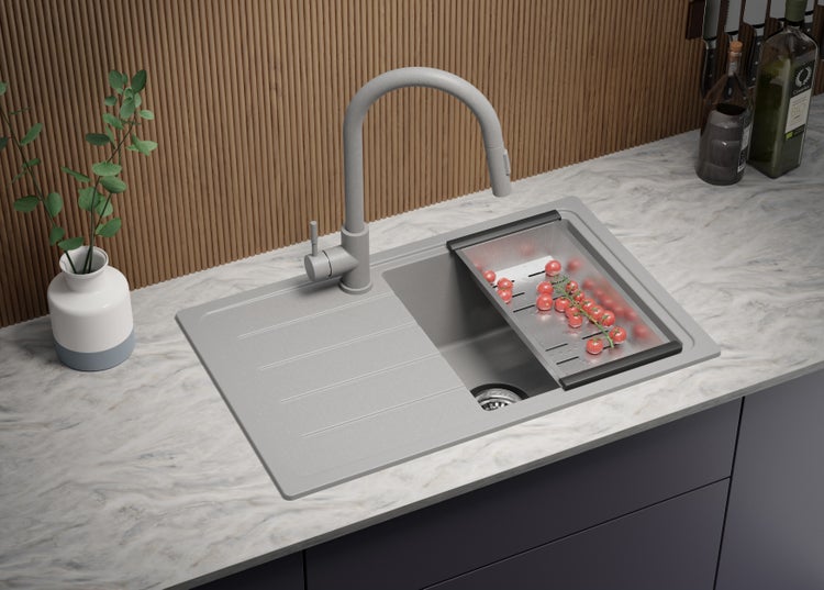 PRIMAGRAN Spülbecken Grau 70x44cm, Granitspüle 1 Becken + Ablauf-Set, Küchenspüle ab 45er Unterschrank - Kopenhagen Easy