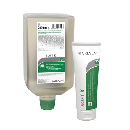 Greven Soft K milde Reinigungslotion für Haare und Körper, 2000 Milliliter Spenderflasche und Tube.