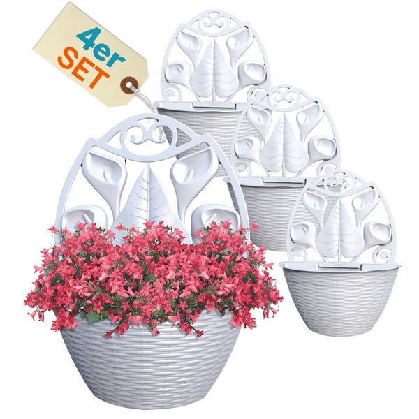 Vierer Set weiße Blumenampeln mit Blumenschmuck und Dekoelementen