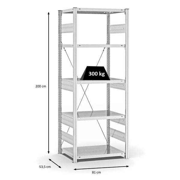 PROREGAL Fachbodenregal Stecksystem T-Profil Heavy-Duty Grundregal HxBxT 200 x 75 x 50 cm 5 Ebenen Fachlast 300 kg Einseitig Nutzbar Lichtgrau
