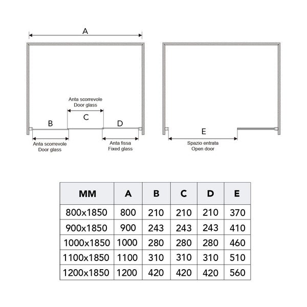 Technische Zeichnung einer Duschkabine mit Maßangaben