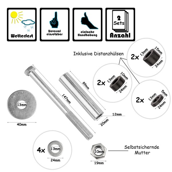 Befestigungsset mit Schraube, Distanzhülsen und Muttern, inklusive Produktinformationen