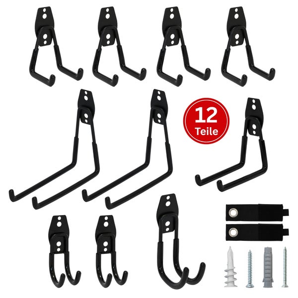 Set mit 12 Wandhaken und Befestigungsmaterial zur Ordnung in Garage und Werkstatt