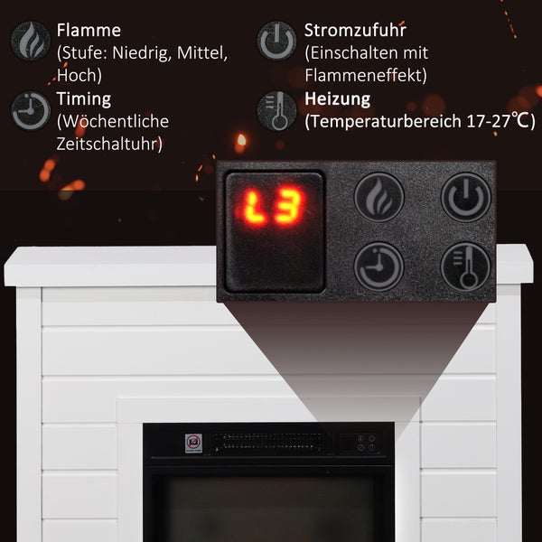 Elektrischer Kamin mit Funktionen für Flammenintensität, Einschalten mit Flammeneffekt, Zeitschaltuhr und Heizung von 17 bis 27 Grad.