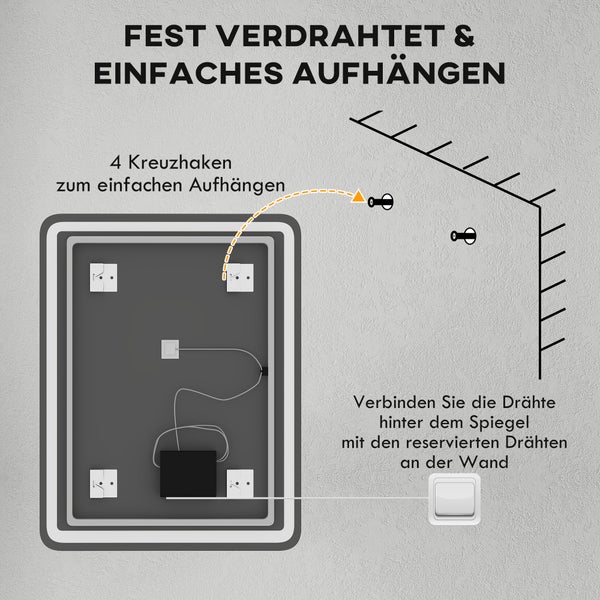 Rückansicht eines LED-Spiegels mit 4 Kreuzhaken für die Wandmontage und Informationen zum festen elektrischen Anschluss.