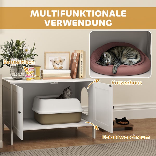 Multifunktionaler Katzenschrank aus Holz, nutzbar als Beistelltisch, Katzenhaus oder Versteck für die Katzentoilette.