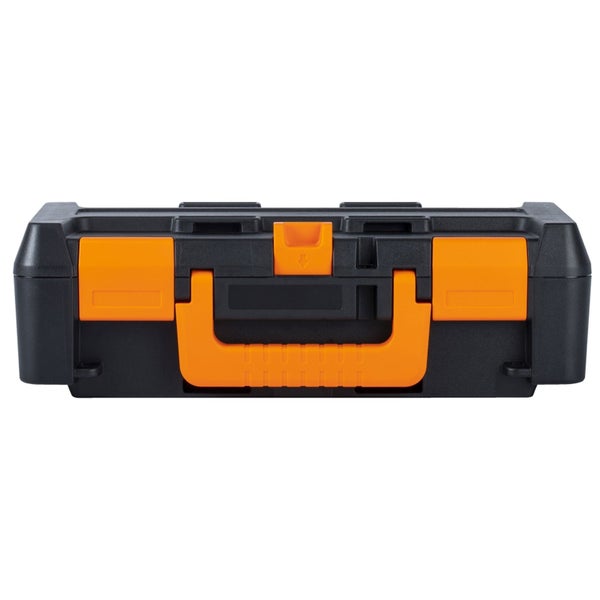 Werkzeugkoffer aus Kunststoff in Schwarz mit orangem Griff und Verschlüssen.