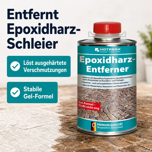 HOTREGA Epoxidharz-Entferner in der Metalldose zur Beseitigung von Epoxidharzschleier und Fugenmörtelresten auf Fliesen und Naturstein.