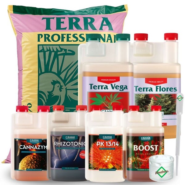 CANNA Terra Düngerset mit Erde, Terra Vega, Terra Flores, Cannazym, Rhizotonic, PK 13/14, Boost Accelerator, Messbecher und Pipette.