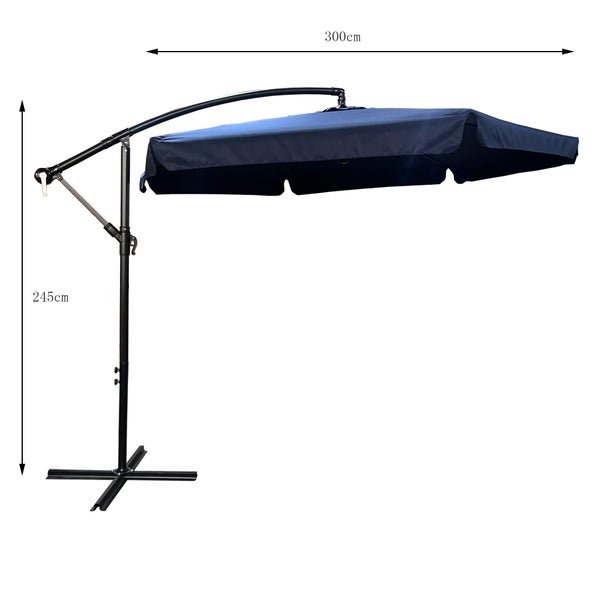 Freiarm-Sonnenschirm mit einer Spannweite von 300 Zentimeter und einer Höhe von 245 Zentimeter.