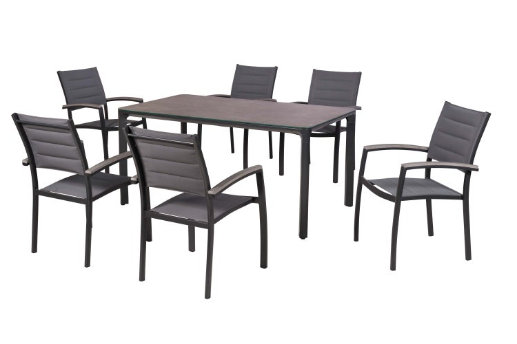 Gartentischgruppe mit sechs Armlehnstühlen