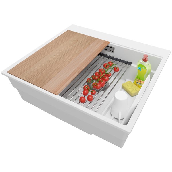 PRIMAGRAN Spülbecken Weiß 58x53cm, Granitspüle 1 Becken + Ablauf-Set + Küchenzubehörset, Küchenspüle ab 60er Unterschrank - Oslo Max