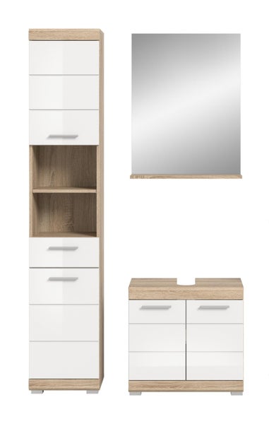 Dreiteiliges Badezimmermöbel Set bestehend aus Hochschrank, Spiegel mit Ablage und Waschbeckenunterschrank in Eichenoptik mit weißen Fronten.