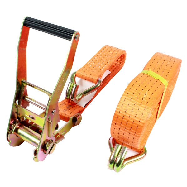 Zweiteiliges Zurrgurt-Set mit Metallratsche, Kunststoffgriff und orangefarbenem Polyestergurt mit zwei Spitzhaken zur Ladungssicherung.