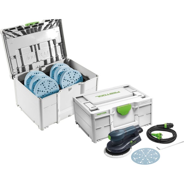 Festool Exzenterschleifer Set inklusive zwei Systainer, blauen Schleifscheiben, Netzkabel und Inbusschlüssel.