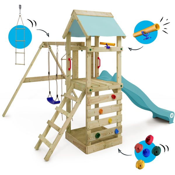 WICKEY Spielturm Klettergerüst FreeFlyer mit Schaukel und Rutsche, Kletterturm mit Sandkasten, Leiter und Spiel-Zubehör – pastellblau