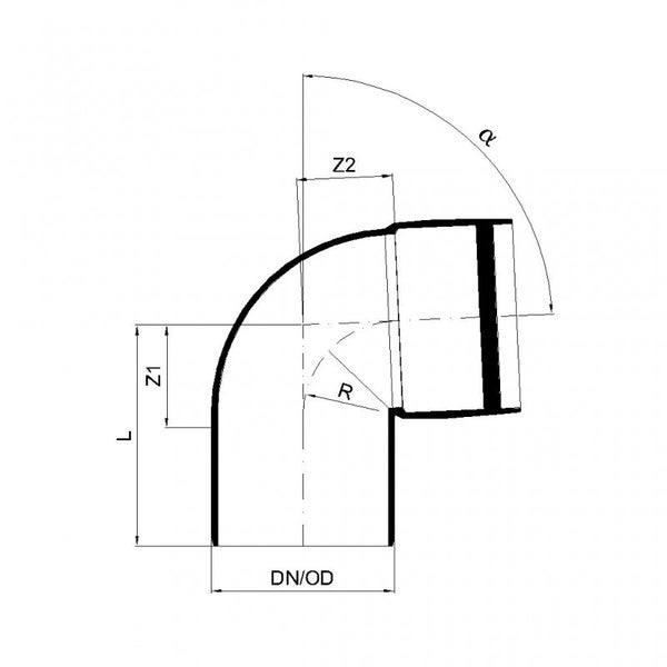 Technische Zeichnung eines Rohrkrümmers mit Maßangaben für Durchmesser, Radius, Länge und Winkel.