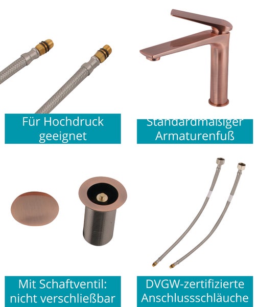 Calmwaters® Eckige Waschtischarmatur Industrial, Wasserhahn Bad, Waschbeckenarmatur mit Schaftventil, Einhebelmischer mit Keramikkartusche, mittelhohe Badarmatur, Messing, Kupfer, 14PZ5441