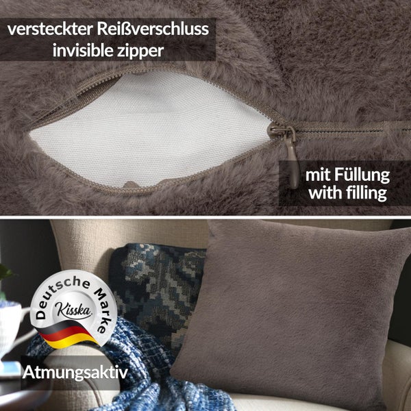 Dekokissen mit Kunstfell-Haptik, verstecktem Reißverschluss, inklusive Füllung und atmungsaktiv. Kisska Logo.