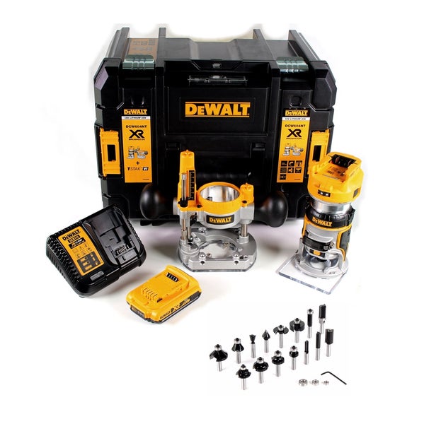 DeWALT 18 Volt Akku-Kanten- und Oberfräsen-Set inklusive Transportkoffer, Ladegerät, Akku und Fräser-Set.