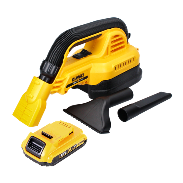 DeWalt 18 Volt Akku-Nass- und Trockensauger Set mit Akku, Fugendüse und breiter Saugdüse.