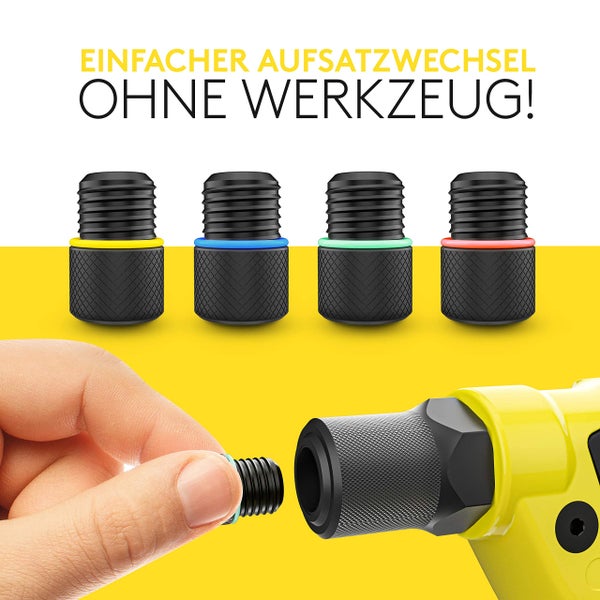 Einfacher Aufsatzwechsel ohne Werkzeug: Eine Hand setzt ein Gewindemundstück in ein Werkzeug ein. Verschiedene Aufsätze sind dargestellt.