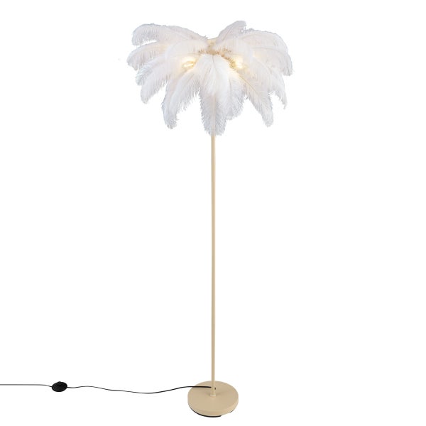 Stehleuchte Palme mit weißen Federn und cremefarbenem Gestell