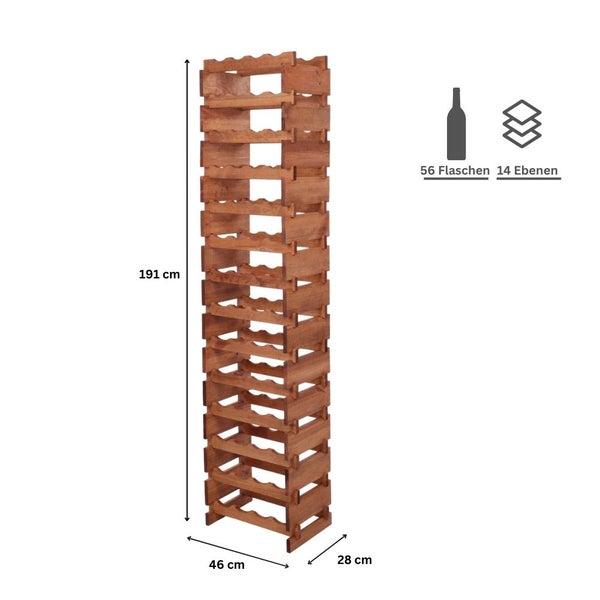 Weinregal VINOTECA FLEX PRO HxBxT 191x46x28cm 56 Flaschen auf 14 Ebenen Massives Kiefernholz Braun geölt