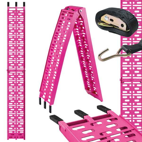 Klappbare Auffahrrampe aus Metall mit Lochprofil und Sicherheitsgurt zur Verladung von Motorrädern oder Quads.