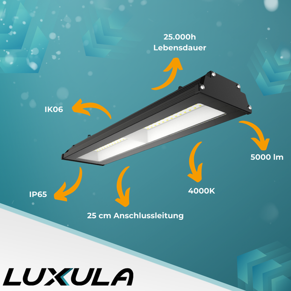LED Hallenstrahler mit den Eigenschaften 25000 Stunden Lebensdauer, IK06, IP65, 5000 Lumen, 4000 Kelvin und 25 Zentimeter Anschlussleitung