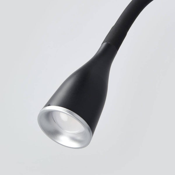 Nahaufnahme eines schwarzen LED-Leselampenkopfs mit flexiblem Arm und silbernem Metallrand.