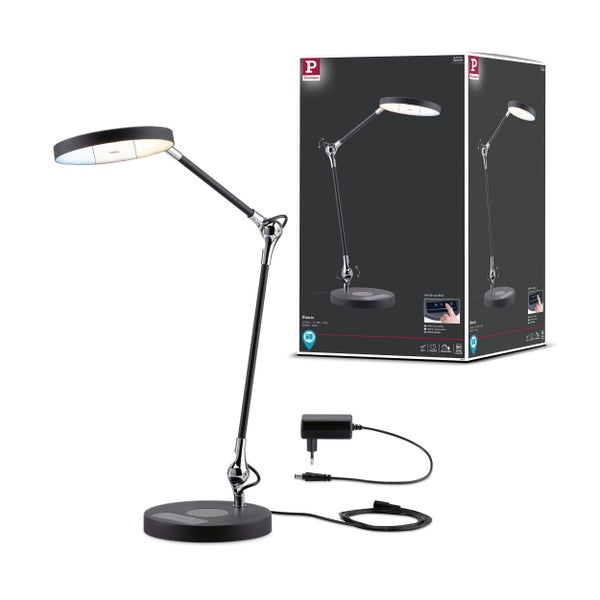 Paulmann LED-Schreibtischleuchte Numis mit verstellbarem Arm, Touch-Bedienung am Fuß zum Dimmen und Einstellen der Lichtfarbe, inklusive Netzteil.