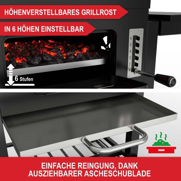 Holzkohlegrill mit sechsstufig höhenverstellbarem Grillrost und ausziehbarer Ascheschublade zur einfachen Reinigung.