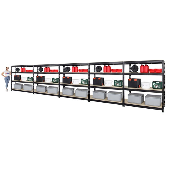 PROREGAL Mega Deal 5x Profi Schwerlastregal Rhino HxBxT 180 x 160 x 60 cm 4 Spanplatten-Ebenen 16mm Fachlast 500 kg Schwarz
