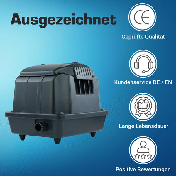 Teichbelüfter mit geprüfter Qualität, Kundenservice in Deutsch und Englisch, langer Lebensdauer und positiven Bewertungen.