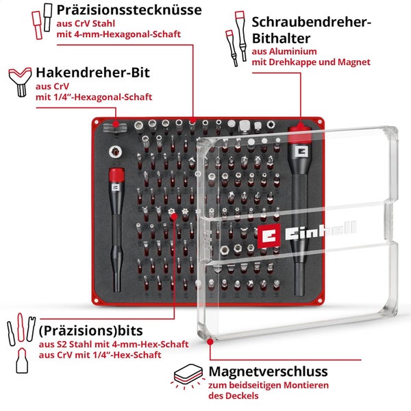 Original Einhell 114-tlg. Präzisions- und Elektronik-Reparatur-Set (Präzisionsbits, Hakendreher-Bit, Präzisionsstecknüsse, Schraubendreher-Bithalter, Adapter inkl. Aufbewahrungsbox)