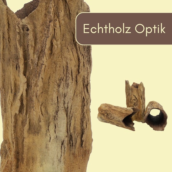 Aquarium-Dekoration in Echtholz-Optik, hohle Baumstämme aus Kunstharz mit realistischer Rindenstruktur.