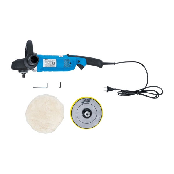 BGS Elektro-Rotations-Poliermaschine 1300 Watt in der Originalverpackung mit Produktabbildung.