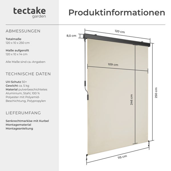 Senkrechtmarkise tectake Eloise inkl. Wandhaltern verschiedene Größen beige