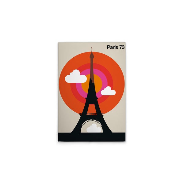 Grafik der Silhouette des Eiffelturms mit dem Text Paris 73